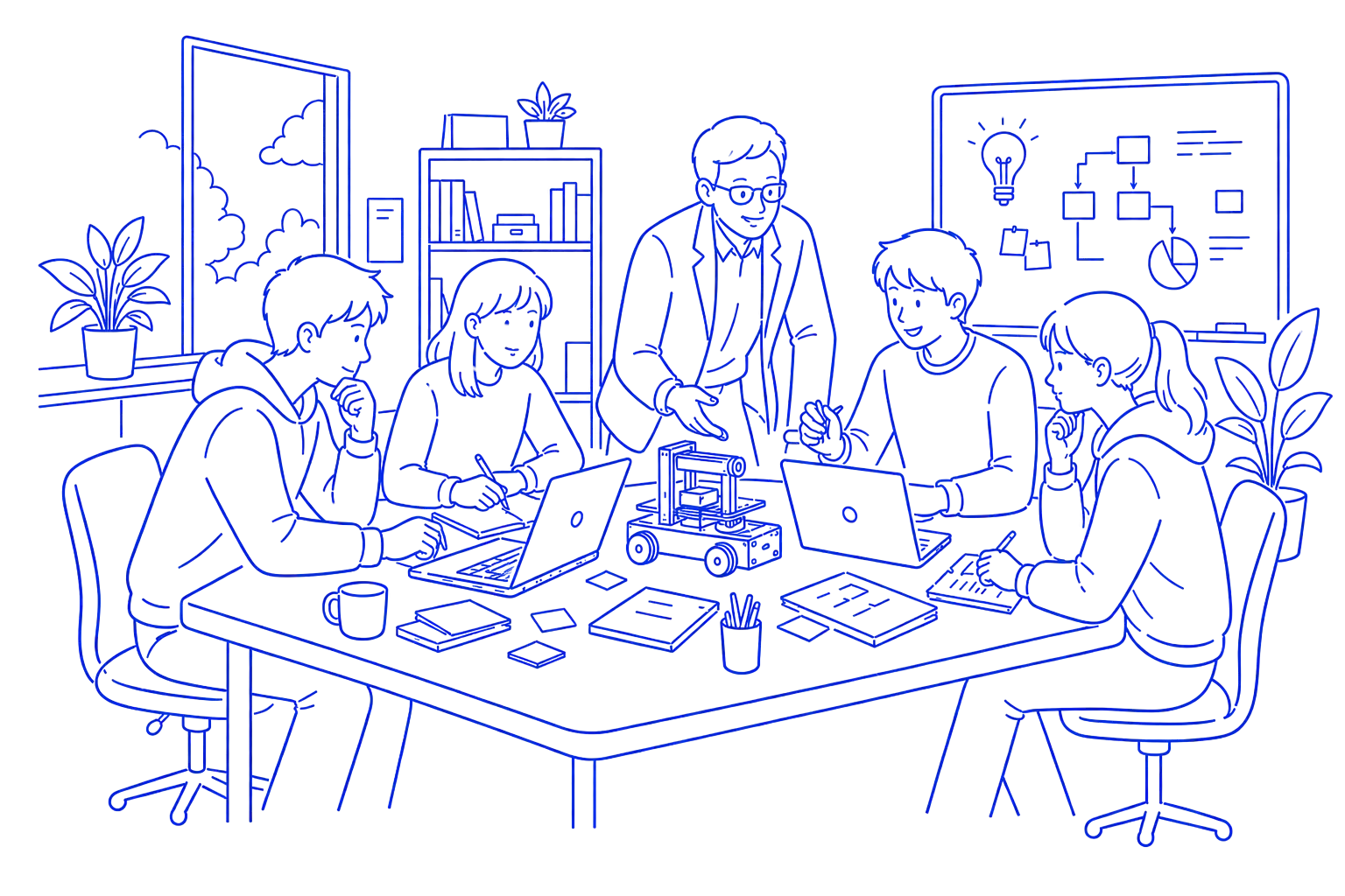 学生とプロエンジニアが共同でものづくりに挑むイラスト